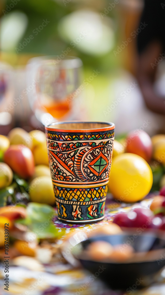 Colorful Unity cup on Kwanzaa table with fruits and decorations Colorful Unity cup on Kwanzaa table with fruits and decorations