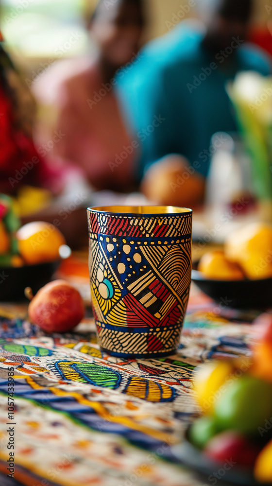 Colorful Unity cup on Kwanzaa table with family gathering in background Colorful Unity cup on Kwanzaa table with family gathering in background
