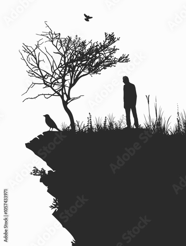 Man and a bird are standing on a rocky ledge, with the man looking at the bird. The bird is perched on a branch of a tree, and the man is admiring it. The scene is peaceful and serene