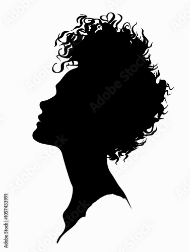 Woman's head with curly hair is shown in black and white. The hair is styled in a bun and the woman's face is not visible. The image has a simple and elegant feel to it