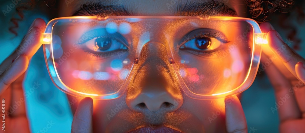 Close-up of a person wearing illuminated glasses, showcasing vibrant colors and reflections. Close-up of a person wearing illuminated glasses, showcasing vibrant colors and reflections.