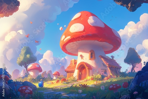 A whimsical landscape featuring oversized mushroom houses under a sunny sky populated by colorful creatures and lush greenery