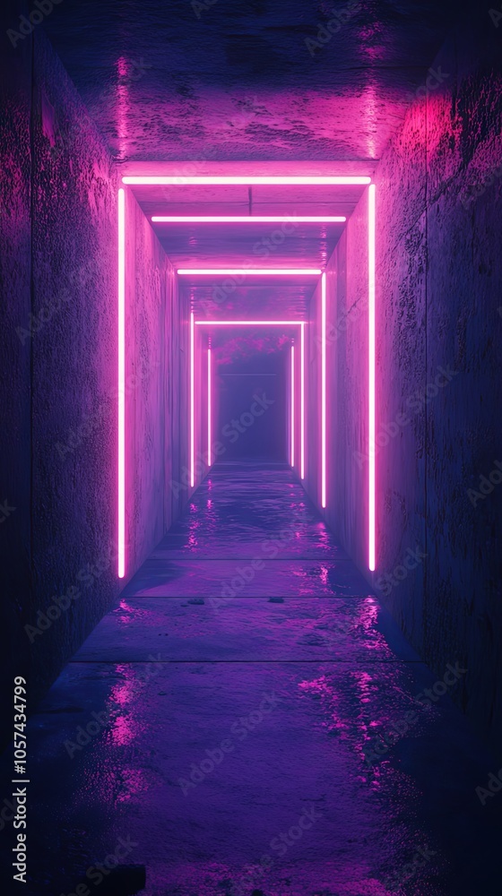 Fototapeta premium Dark underground passage with escolator and neon light, advertising light box, Mockup, tunnel with light beams