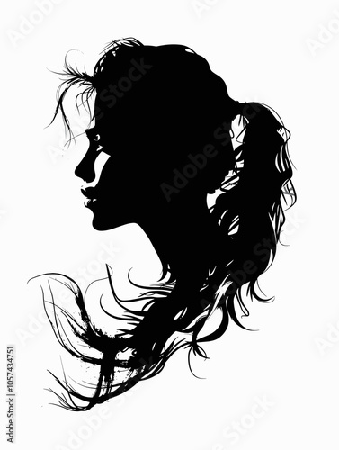Woman's head is drawn in black and white. The hair is long and flowing, and the woman's face is shown in profile. The image has a simple and elegant feel, with the focus on the woman's hair and face