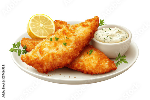 Fried fish fillet with tartar sauce, PNG isolated on transparent background, white background.