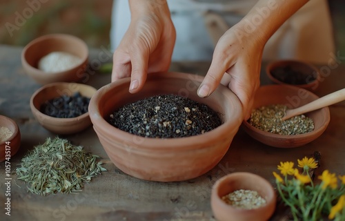 Homemade herbal spice blend in rustic ceramic bowls featuring a variety of dried herbs roots and botanicals for culinary and holistic wellness applications