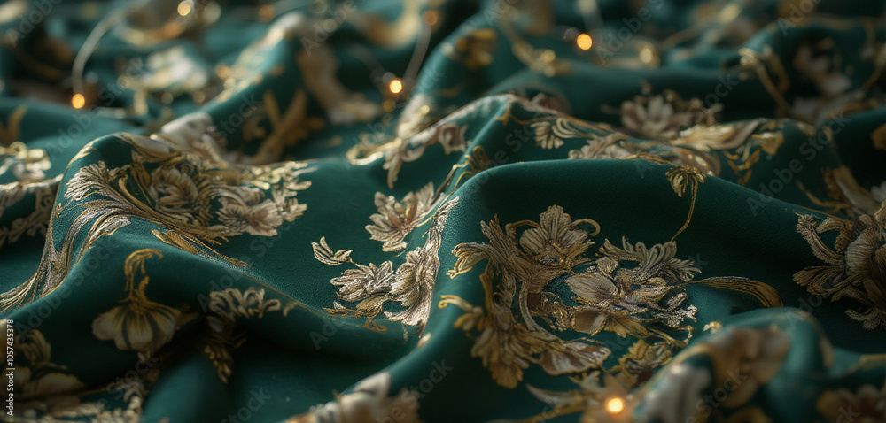 Fototapeta premium Dark green floral fabric with vintage rose patterns and intricate details