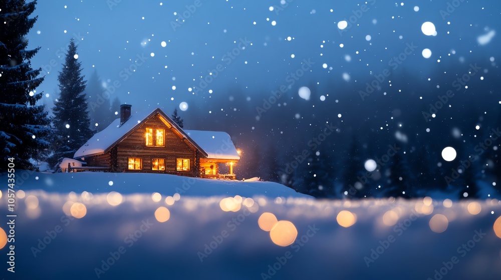 Fototapeta premium Cozy cabin in snowy landscape, glowing windows in winter wonderland.