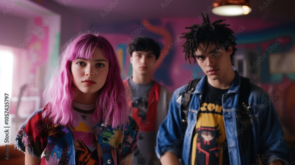 Three young people with colorful hair and clothing pose for a picture Three young people with colorful hair and clothing pose for a picture