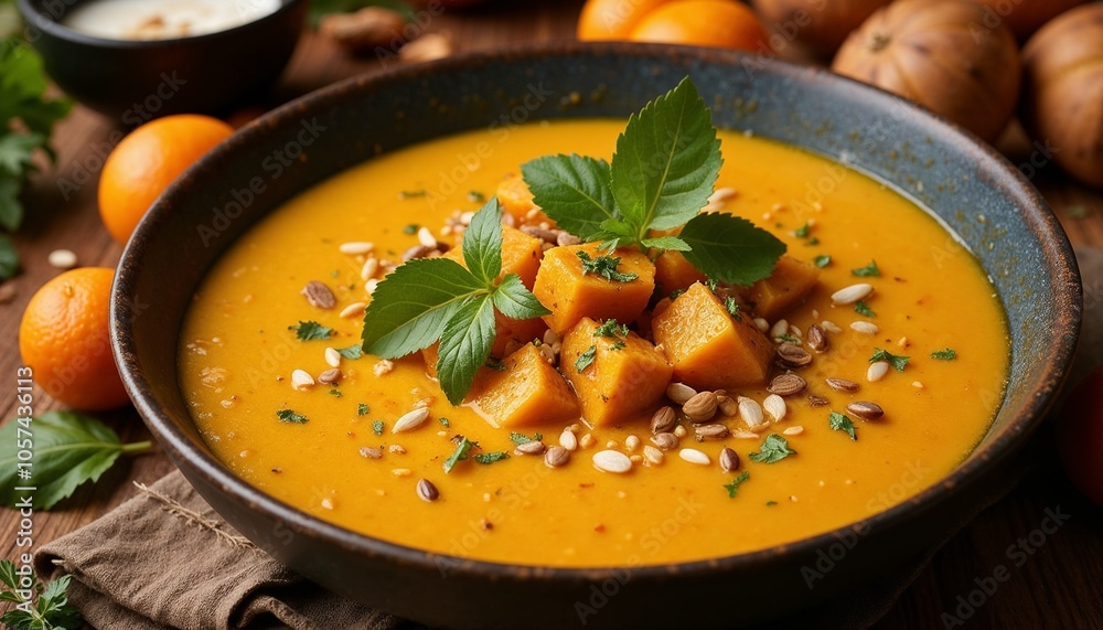 Pumpkin curry soup with herbs and seeds served in a bowl Pumpkin curry soup with herbs and seeds served in a bowl