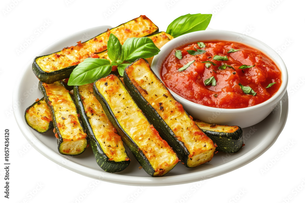 Fried zucchini sticks with marinara, PNG isolated on transparent background, white background. Fried zucchini sticks with marinara, PNG isolated on transparent background, white background.