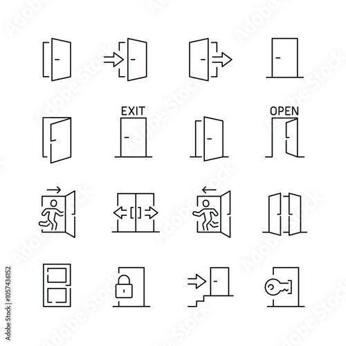 Vector line set of icons related with open door. Contains monochrome icons like door, exit, doorway, entry and more. Simple outline sign.