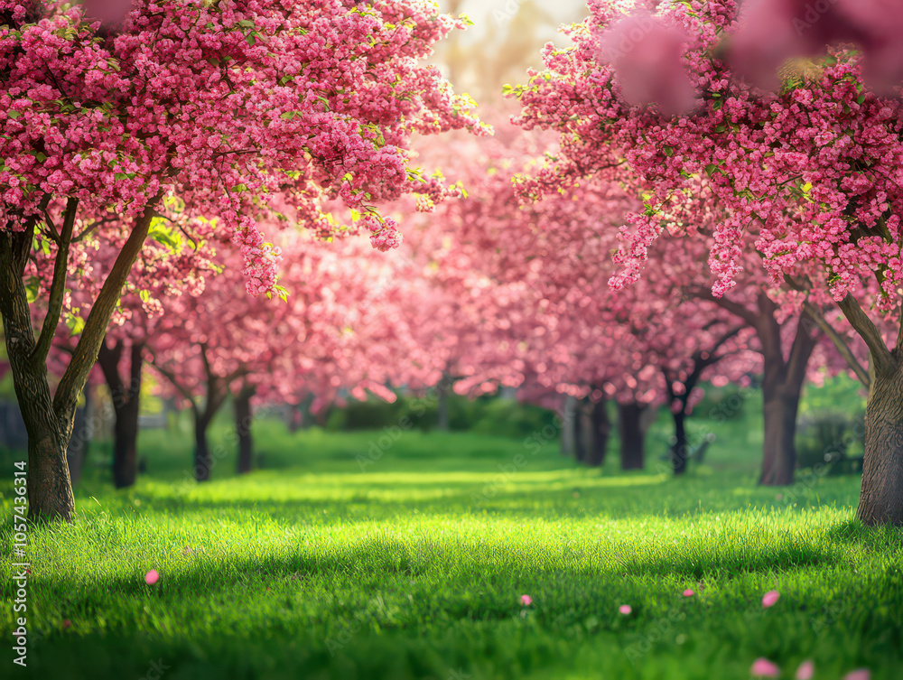 Serene cherry blossom trees in full bloom create a vibrant pink canopy over a sunlit green meadow. Serene cherry blossom trees in full bloom create a vibrant pink canopy over a sunlit green meadow.