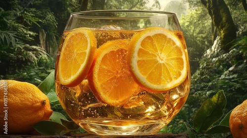 Refreshing Citrus Cocktail with Lemon and Orange Slices in Lush Tropical Jungle Ambiance - Perfect for Summer, Nature, and Beverage Enthusiasts photo