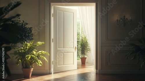 Front view of an open door to a new, inviting home, with a welcoming atmosphere