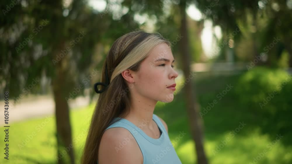 Side view of lady walking outdoors with a confident expression, hair pinned back with black clip, blurred background featuring lush greenery as sunlight filters through tree leaves and building Side view of lady walking outdoors with a confident expression, hair pinned back with black clip, blurred background featuring lush greenery as sunlight filters through tree leaves and building