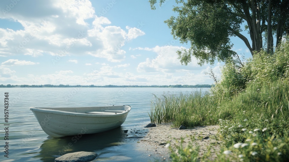 Fishing by the Shore: A realistic photo of a peaceful body of water with a boat on the shore, surrounded by greenery and natural Fishing by the Shore: A realistic photo of a peaceful body of water with a boat on the shore, surrounded by greenery and natural