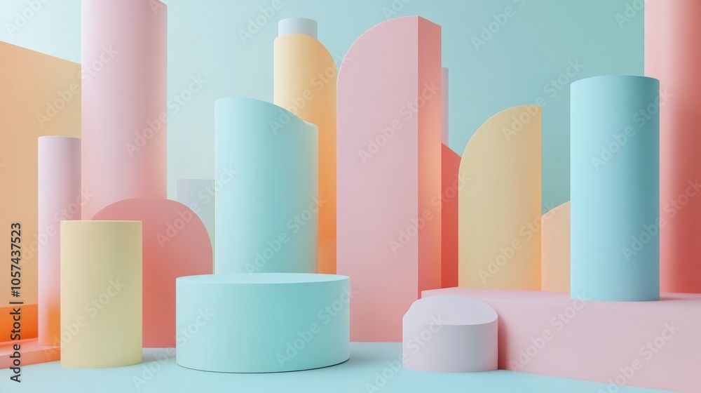 3D render featuring an abstract background with cut cylinders and primitive geometric shapes showcasing a pastel color palette and minimal design elements 3D render featuring an abstract background with cut cylinders and primitive geometric shapes showcasing a pastel color palette and minimal design elements