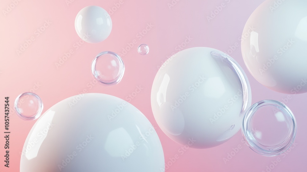 Assorted 3D white spheres in varying sizes and transparencies against a pastel color backdrop Abstract composition Assorted 3D white spheres in varying sizes and transparencies against a pastel color backdrop Abstract composition