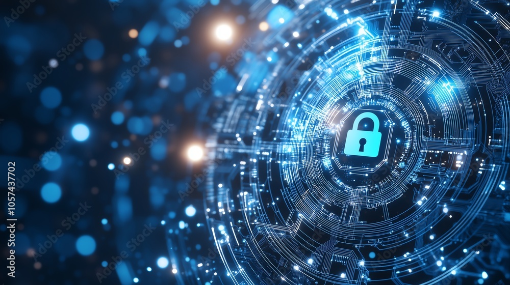 Digital security concept with glowing circuit pattern and lock symbol, representing cybersecurity and data protection in technology. Digital security concept with glowing circuit pattern and lock symbol, representing cybersecurity and data protection in technology.