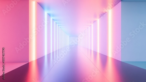 3D render of an abstract background showcasing an empty room with violet and mint walls an illuminated corridor and a tunnel design in a minimalistic virtual reality setting