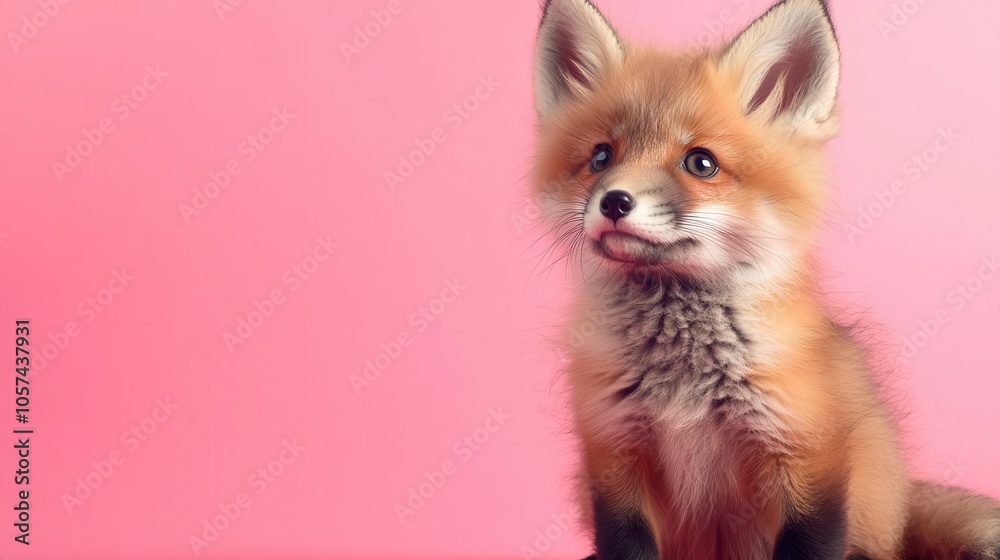 Obraz premium Fluffy baby fox sitting on a solid pink background, adorable and playful