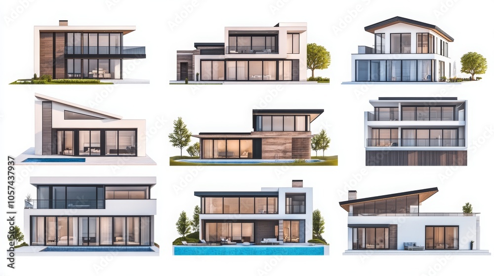 Isolated 3D render of a modern house with a luxurious swimming pool, viewed from various angles on a white background. Isolated 3D render of a modern house with a luxurious swimming pool, viewed from various angles on a white background.