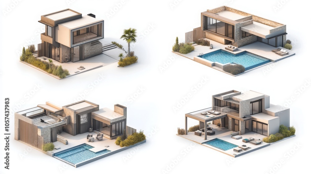 Isolated 3D render of a modern house with a luxurious swimming pool, viewed from various angles on a white background. Isolated 3D render of a modern house with a luxurious swimming pool, viewed from various angles on a white background.