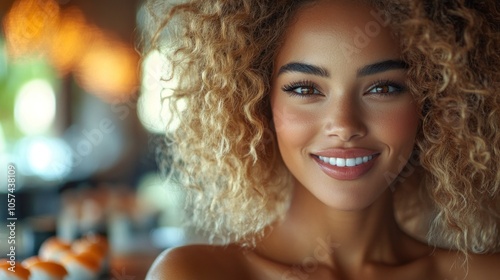 Beautiful Woman with Curly Hair and a Bright Smile