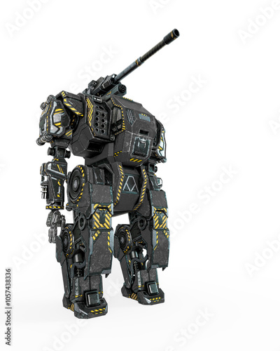 the war machine is standing up on white background in side view