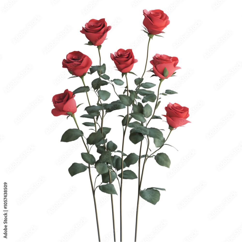 Naklejka premium A bouquet of seven red roses with green leaves and stems, isolated on a black background.