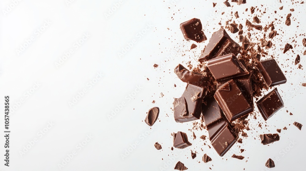 Fototapeta premium Chocolate bar pieces cascading into a splash of chocolate isolated on a clean background