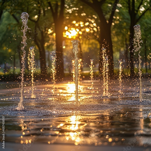 Water jets shooting up from the ground in a splash pad.