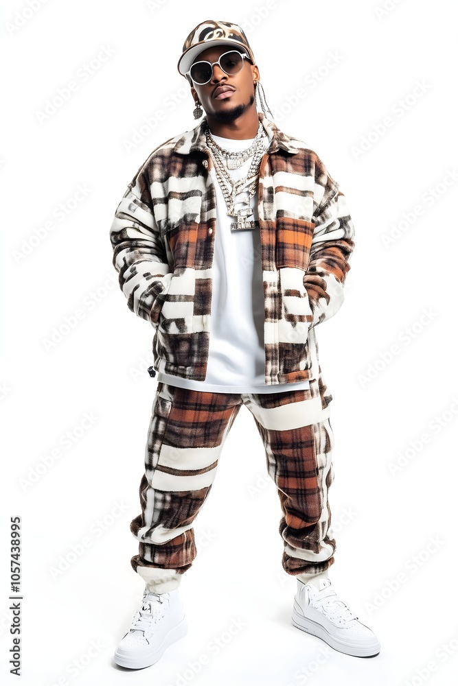 Trendy Man in Bold Plaid Outfit with Accessories – Modern Urban Style Featuring Plaid Patterns, Sunglasses, and Statement Jewelry for Fashion and Streetwear Concepts Trendy Man in Bold Plaid Outfit with Accessories – Modern Urban Style Featuring Plaid Patterns, Sunglasses, and Statement Jewelry for Fashion and Streetwear Concepts