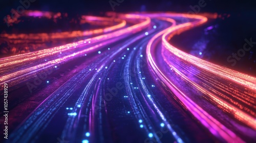 Illuminated trails along a roadway representing digital connectivity and internet transfer speeds in the context of networking