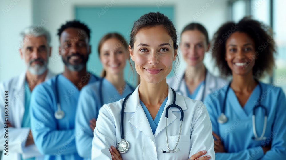 Diverse team of medical professionals in uniform posing together in a hospital setting. Multidisciplinary medical team led by a female doctor in a healthcare facility.