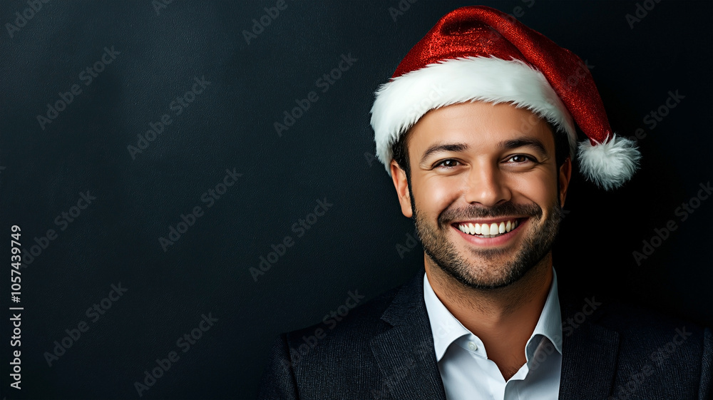 Cheerful businessman in Santa hat smiling joyfully ready to celebrate.
Cheerful businessman in Santa hat smiling joyfully ready to celebrate.