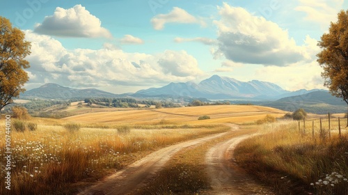 Rural Landscape: A realistic photo of a picturesque countryside scene with fields and mountains on the horizon, evoking