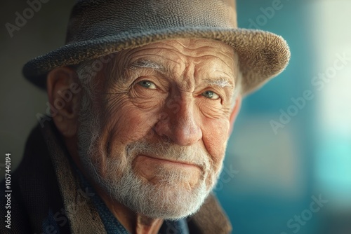 Elderly man with a warm smile wearing a hat in a softly lit setting, exuding wisdom and tranquility