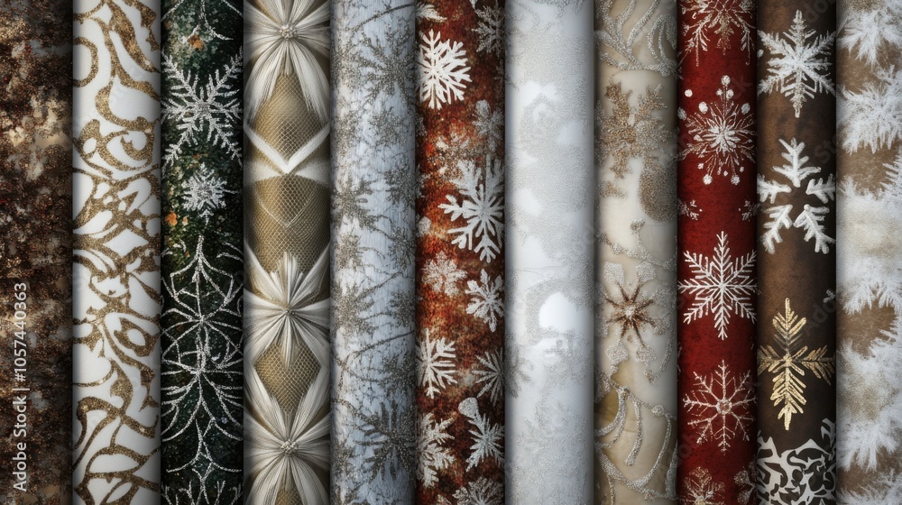 Seasonal Patterns: A realistic photo of a collection of festive patterns and textures (like snowflakes and ornaments) arranged Seasonal Patterns: A realistic photo of a collection of festive patterns and textures (like snowflakes and ornaments) arranged