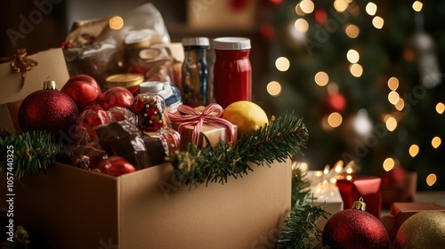 Season of Giving: A realistic photo of a donation box filled with gifts and food items for the less fortunate, adorned with
