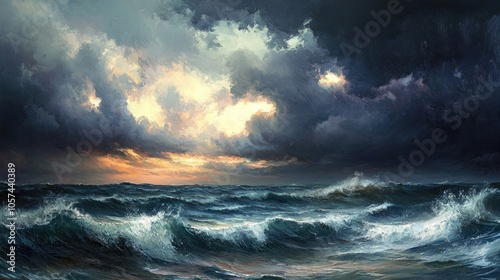 Stormy seascape with dark brooding clouds during twilight hours