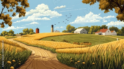 A depiction of a rural landscape featuring a farm and a house in the distance
