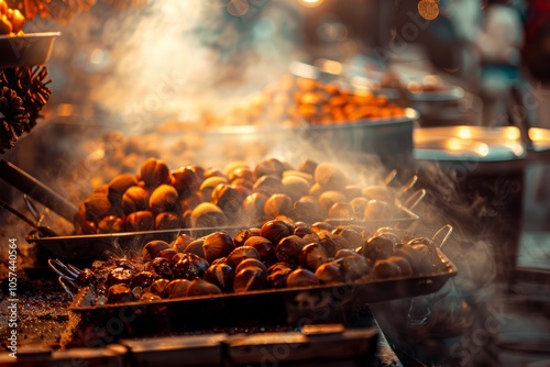 Steaming roasted chestnuts at night market photo