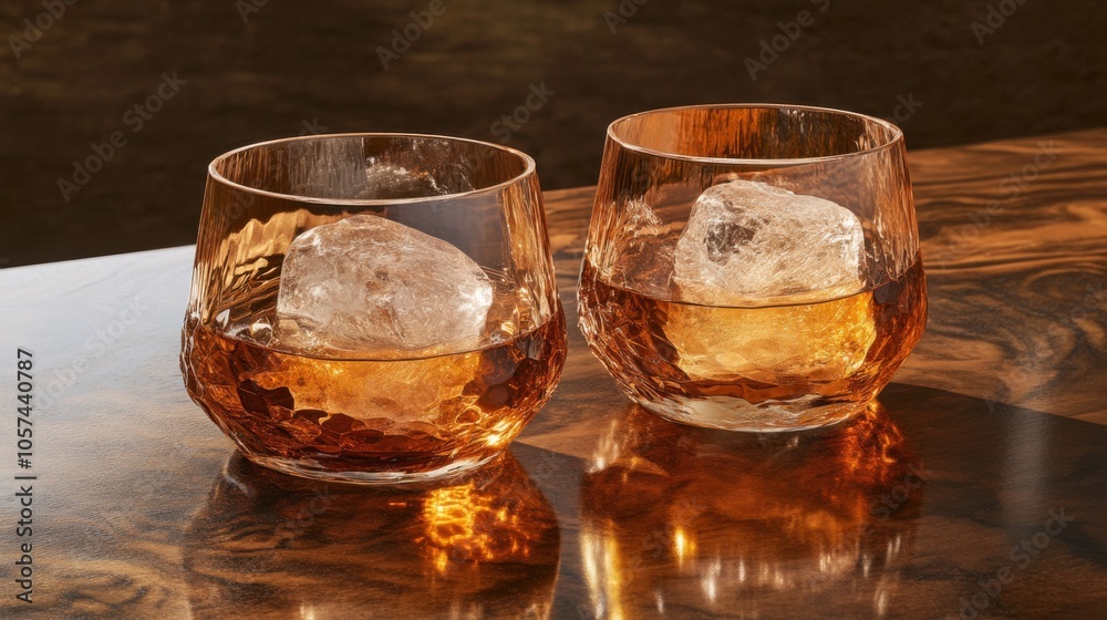 Sparkling Whiskey Tumblers A pair of heavy crystal whiskey tumblers with amber liquid and a single large ice cube in each, set on Sparkling Whiskey Tumblers A pair of heavy crystal whiskey tumblers with amber liquid and a single large ice cube in each, set on