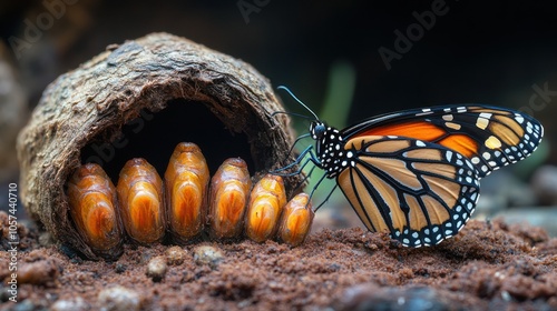 A monarch butterfly, with wings outstretched, rests near a cluster of orange chrysalises inside a hollowed-out seed pod. photo