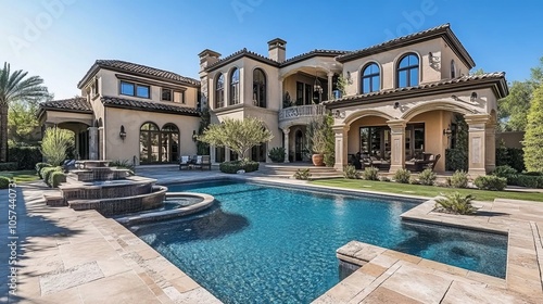 Luxury five-bedroom house in Litchfield Park, Arizona; stunning desert architecture with large windows and beautiful landscaping. -