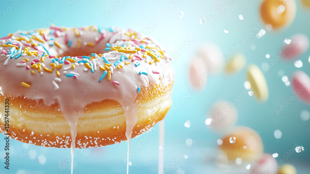 Vibrant glazed donut dripping with colorful icing and sprinkles capturing a hyperrealistic sweet delight Vibrant glazed donut dripping with colorful icing and sprinkles capturing a hyperrealistic sweet delight
