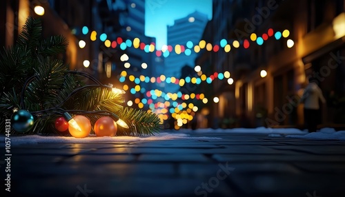 A charming alley adorned with vibrant holiday lights, creating a cozy, festive atmosphere in the evening.