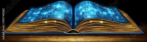 An enchanting open book with glowing blue pages, symbolizing knowledge, magic, and the universe beyond our reach.
